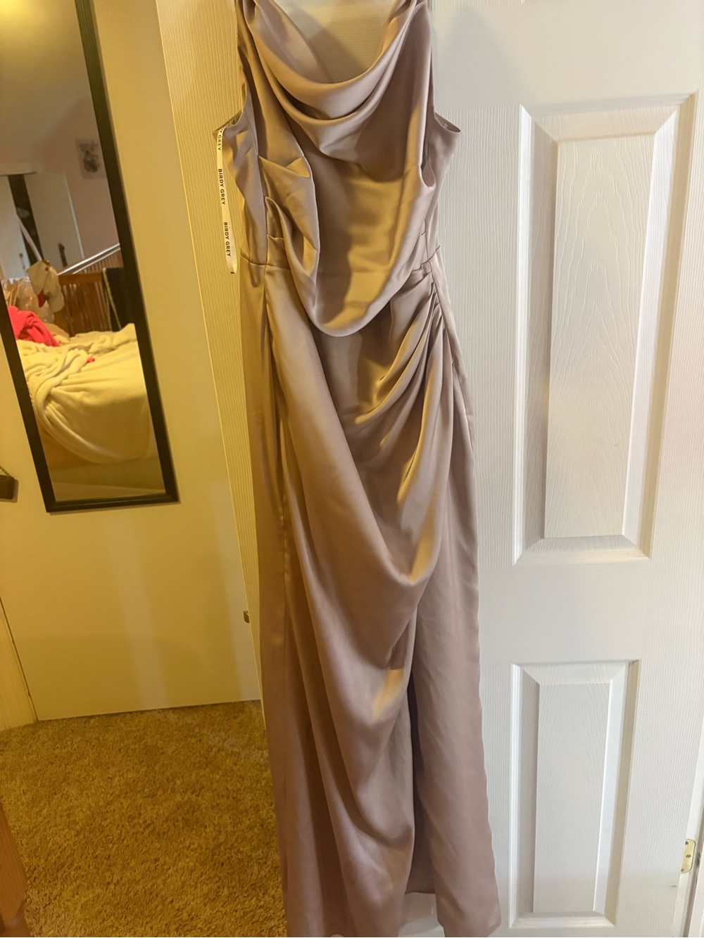 Birdy Grey Draped Satin Cowl Neck Bridesmaid Dress in Taupe